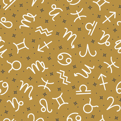 Wall Mural - Zodiac signs seamless pattern on gold metallic background, horoscope symbols repeating print for fabric, packaging, web page design. Astrology, esoteric, astrological signs vector illustration