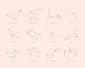 Wall Mural - Set of twelve zodiac constellations, astrological, horoscope symbols. Capricorn, Aquarius, Taurus, Aries, Gemini, Cancer black constellations of stars, vector illustration