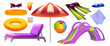 Summer sea beach element vector cartoon illustration set. Isolated tropical pool party element collection with cocktail, sunglasses, umbrella and ball on white background. Waterslide and lifebuoy item