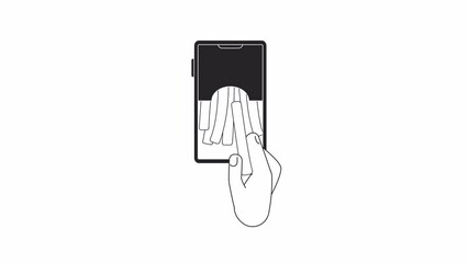 Poster - Fries order online bw animation. Animated picking fried potato from mobile 2D flat monochromatic thin line first view hand. 4K video concept footage with alpha channel transparency for web design