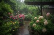 heavy rain in a blooming garden