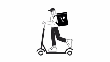 Fototapete - Food deliver on scooter bw animation. Fastfood courier with backpack riding isolated 2D flat monochromatic thin line character 4K video footage on white with alpha channel transparency for web design