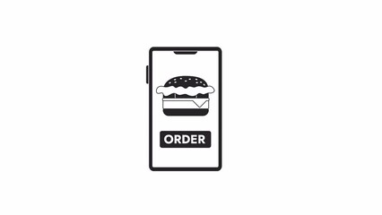 Poster - Fastfood order screen bw animation. Animated mobile phone with fast food delivery 2D flat monochromatic thin line object. Burger 4K video concept footage with alpha channel transparency for web design