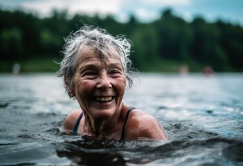 Senior woman exuding vitality and happiness as she confidently swims in a serene lake. Her joyful expression and active lifestyle reflect her zest for life and spirited energy, generative ai
