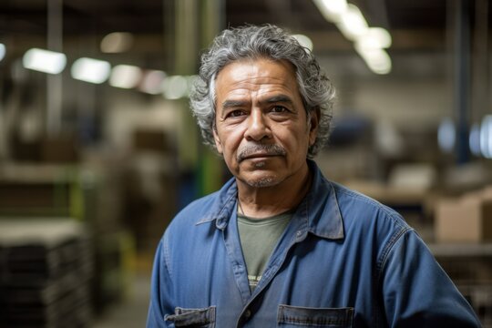 hispanic factory worker in his late 50s stands proudly on the factory floor. his confident demeanor 