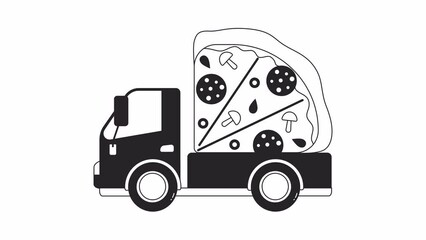 Aufkleber - Pizza delivery lorry bw animation. Animated fast food service truck 2D flat monochromatic thin line object. Pizzeria transport 4K video concept footage with alpha channel transparency for web design