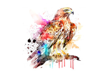 Poster - hawk drawn with multi-colored watercolors isolated on a white background. Generated by AI