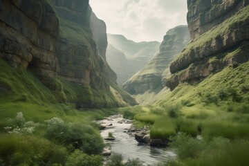 Wall Mural - lush green canyon, with rushing stream and towering cliffs in the background, created with generative ai