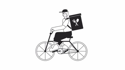 Poster - Food delivery on bike bw animation. Guy transporting prepared meals isolated 2D flat monochromatic thin line character 4K video footage on white with alpha channel transparency for web design