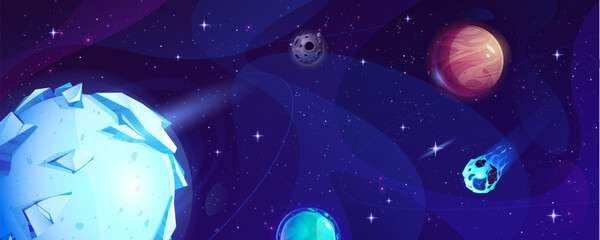 Cartoon space universe background with planet. Galaxy with meteorite illustration for game gui. Vector outer universe dark starry landscape. Cosmic surface for computer world adventure level scene