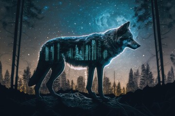 Wall Mural - double exposure of wolf prowling through forest, with view of the night sky visible above, created with generative ai