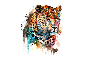 Poster - leopard is drawn with multi-colored watercolors isolated on a white background. Generated by AI