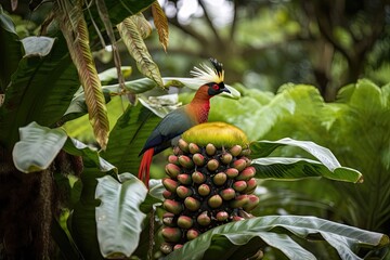 Wall Mural - exotic bird perched on top of fruiting bromeliad plant, surrounded by lush greenery, created with generative ai