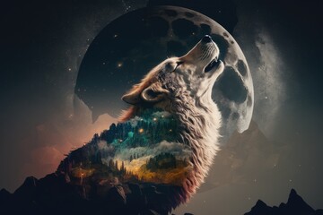 Wall Mural - close-up of moon and double exposure of wolf howling, created with generative ai