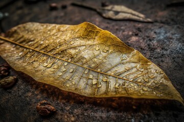 Wall Mural - macro shot of fallen leaf with intricate pattern and texture visible, created with generative ai