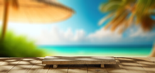 Wall Mural - Wooden desk of free space and summer landscape of beach with sea 