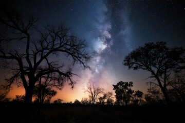 Wall Mural - nebulae and stars in a night sky, with a silhouette of trees in the foreground, created with generat
