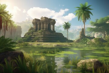 Poster - exotic destination, with view of the ruins of an ancient temple, created with generative ai