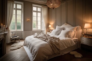 Wall Mural - a beautiful bedroom with soft lighting and luxurious bedding, created with generative ai