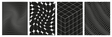Set Of Geometry Wireframe Grid Backgrounds In White Color On Black Background. 3D Abstract Posters, Patterns, Cyberpunk Elements In Trendy Psychedelic Rave Style. 00s Y2k Retro Futuristic Aesthetic.
