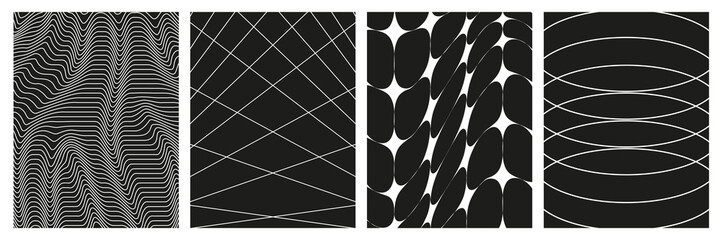 Fototapete - Set of geometry wireframe grid backgrounds in white color on black background. 3D abstract posters, patterns, cyberpunk elements in trendy psychedelic rave style. 00s Y2k retro futuristic aesthetic.