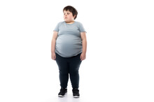 Obese Of Overweight Child Or Boy Posing On Full Figure, Isolated On A White Background. Shallow Field Of View, Illustrative Generative AI. Not A Real Person.