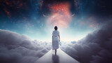 Fototapeta Na ścianę - Woman in a white dress walking in a dreamlike enviroment towards the imensity of the universe. Surrounded by clouds.