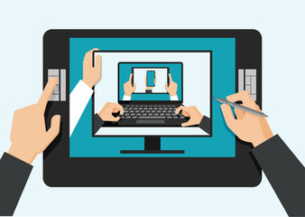 Wall Mural - Concept design, computers, screens and mobiles. Vector set of hand icons holding computer and communication devices.