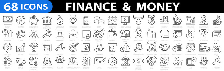 Wall Mural - Money Thin Line Icon Set. Finance icon set. Money signs. Vector business and finance editable stroke line icon. Bank, check, law, auction, coins, exchance, payment, wallet, deposit, piggy. Vector
