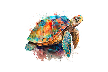 Aufkleber - sea turtle drawn with multicolored watercolors isolated on a white background. AI generated