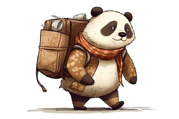 cute panda bear carrying a backpack and walking in a forest. Generative AI
