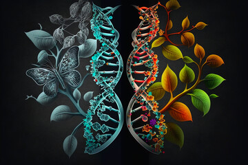 Poster - dna helix with leaves on a black background. Generated by AI