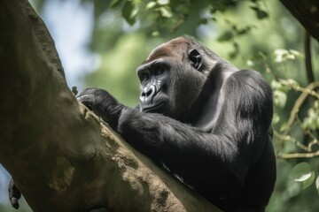 Canvas Print - gorilla sitting on tree branch, peering down at its surroundings, created with generative ai