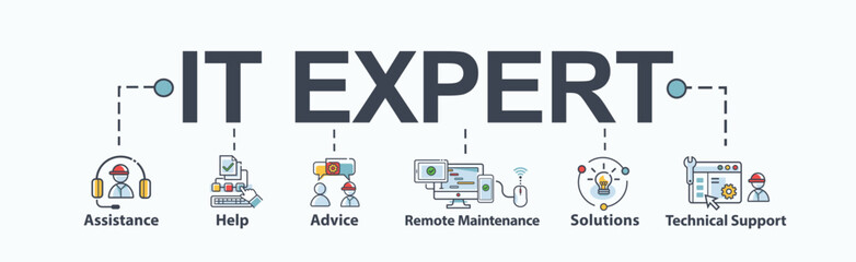 IT Expert banner web icon for business and organize, information technology, assistance, help, advice, remote maintenance, solutions and technical support. Minimal vector infographic.