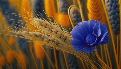 Wall Mural - beautiful flowery wallpaper depicting a summer field of wheat with golden stalks and cornflowers, bl