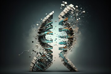 Poster - broken dna helix on a black background. Generated by AI