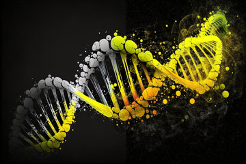 Poster - yellow dna helix on a black background. Generated by AI