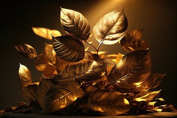 Wall Mural - a pile of golden leaves with a shining sunbeam in the background, created with generative ai