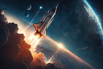 Wall Mural - rocket start, with view of space station in the background, created with generative ai