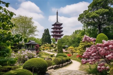 Sticker - peaceful garden with view of the pagoda surrounded by blooming flowers, created with generative ai