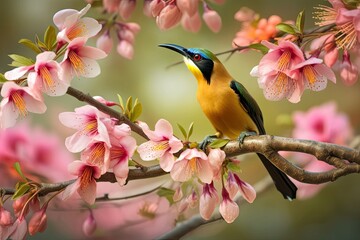 Sticker - exotic bird perched on branch, surrounded by blooming flowers, created with generative ai