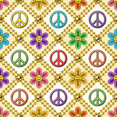 Wall Mural - Seamless pattern with chamomile flower, peace sign, beads, emoji. Square geometric grid. Peaceful, positive background in groovy, hippie style.