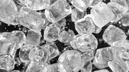Poster - Super slow motion of rotating ice cubes, top view shot. Filmed on high speed cinema camera, 1000 fps, placed on high speed cine bot, following the object. Isolated on black background.