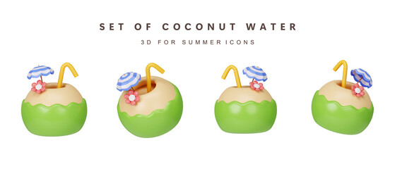 Poster - 3d set of coconut water for summer time. summer vacation and holidays concept. icon isolated on white background. 3d rendering illustration. Clipping path.