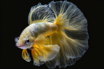 Sticker - Bubbles and a dark backdrop frame a gorgeous yellow betta fish. Generative AI