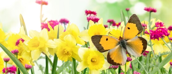 Poster - Beautiful colored butterfly on wild flowers in field