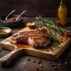 Poster - juicy grilled steak with herbs and spices on rustic cutting board. Barbecue