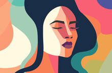 Abstract Woman Face Collage In Modern Vector Art Design. Feminine Abstraction Poster In Colorful Pallette. Creative Geometric Female Pattern In Cubism Style.