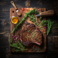 Canvas Print - juicy grilled steak with herbs and spices on rustic cutting board. Barbecue