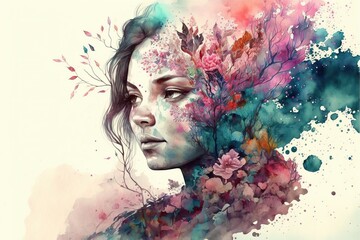 Beautiful pale skin woman portrait with blossom flower bouquets hairstyle on isolated background double exposure. Girl face cover with blossom springtime leaves. Superb Generative AI.